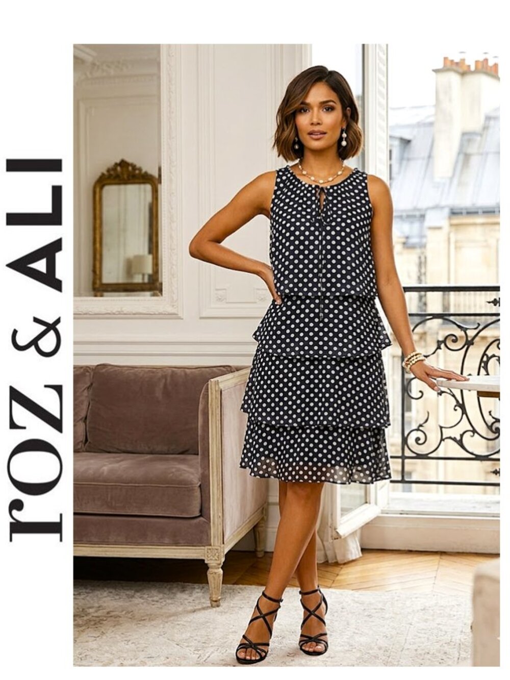 ROZ & ALI - Sleeveless navy blue polka dot ruffle tiered dress